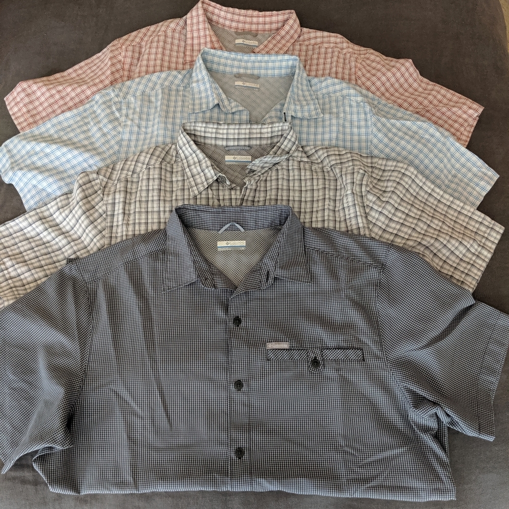 Four men's short sleeves button up Columbia shirts